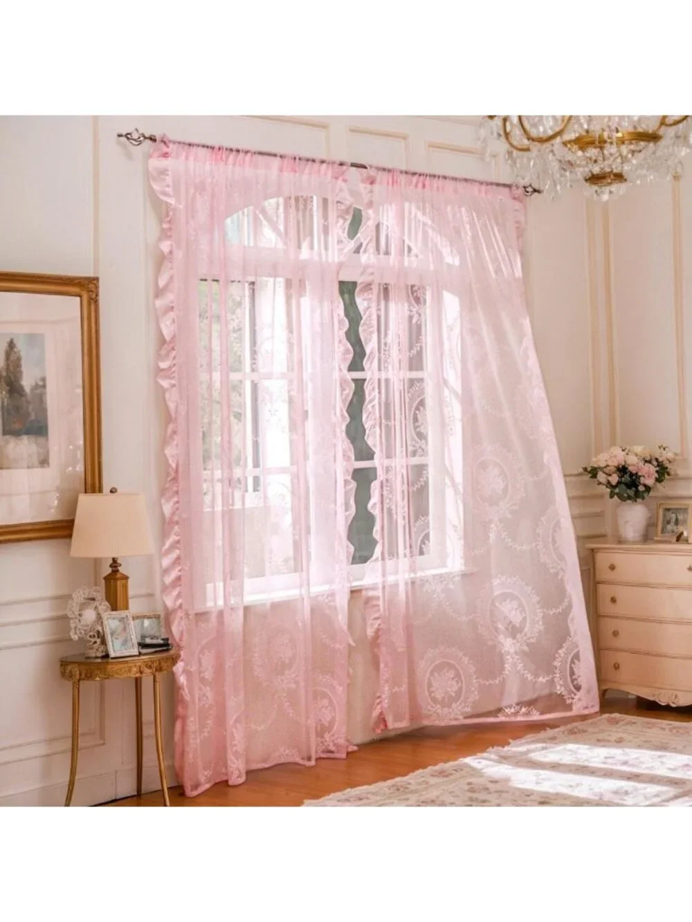 102” Pink Lace Curtains Set - Vintage Boho Sheer Floral Embroidery Window